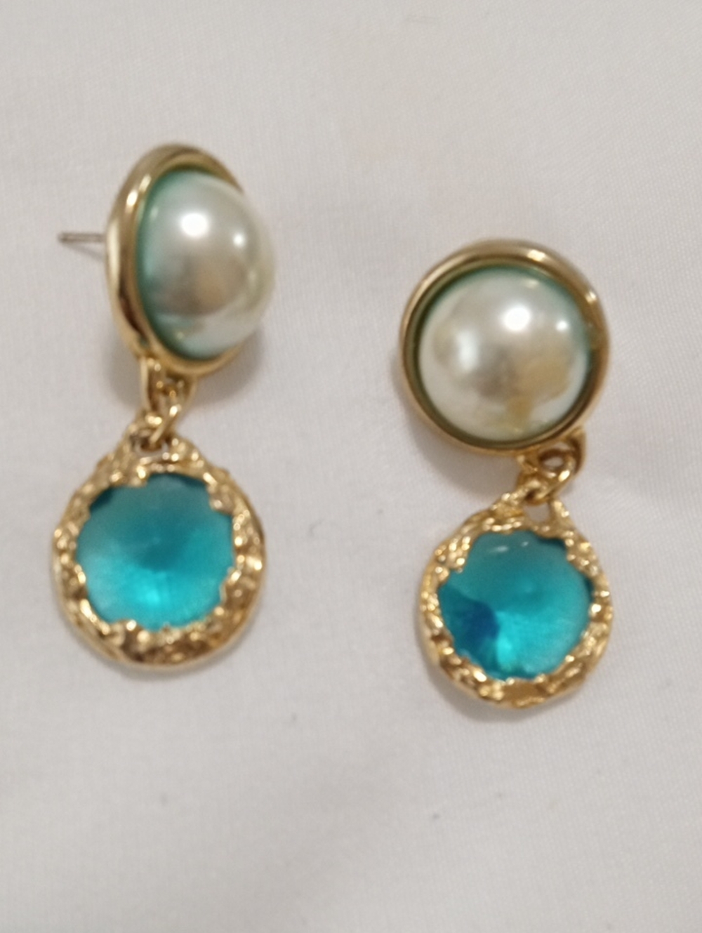Gold Pearl and Teal Drop Earrings - Women Jewelry